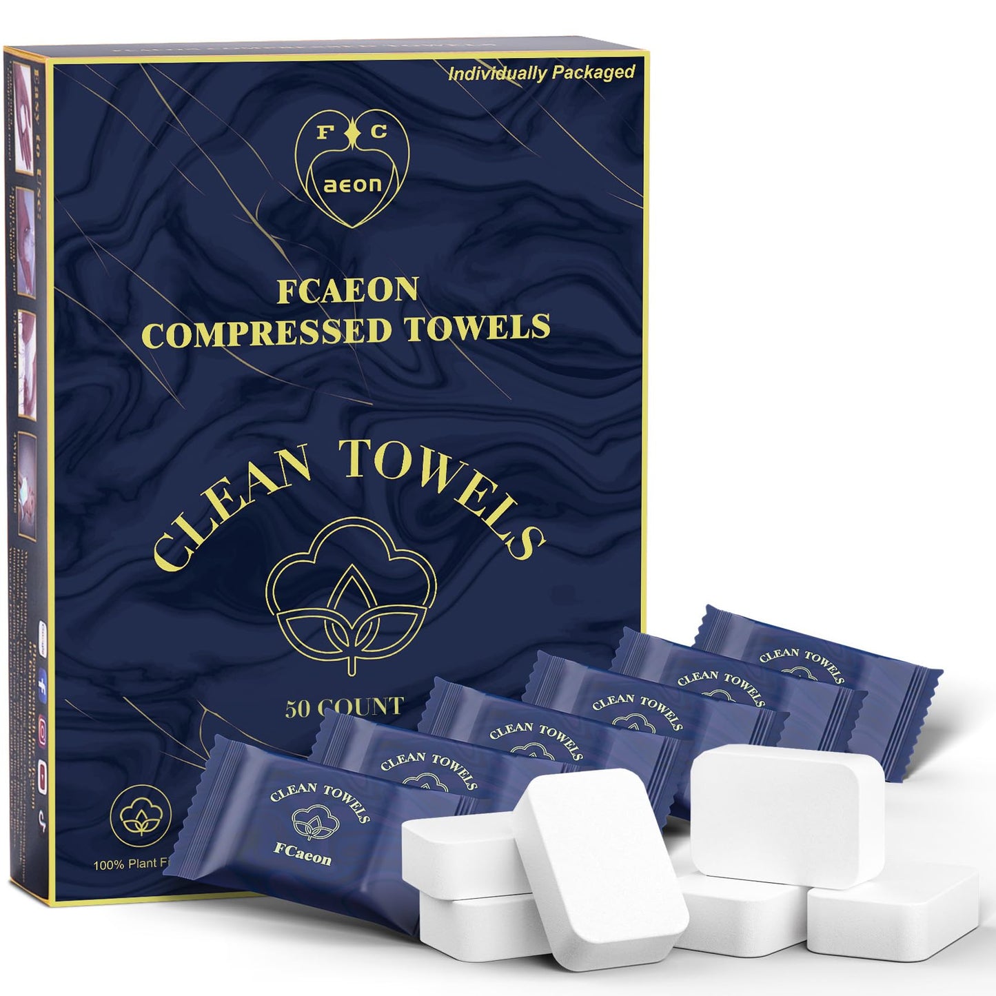 FCaeon Toalla Desechable Comprimida Espesa Grande,Toallita Facial Suave Reutilizable Pañuelo de Algodón Portátil para Viaje,Camping,Senderismo,Hotel,Salón de Belleza,Aire Libre(Azul Oscuro 50 Unidad)