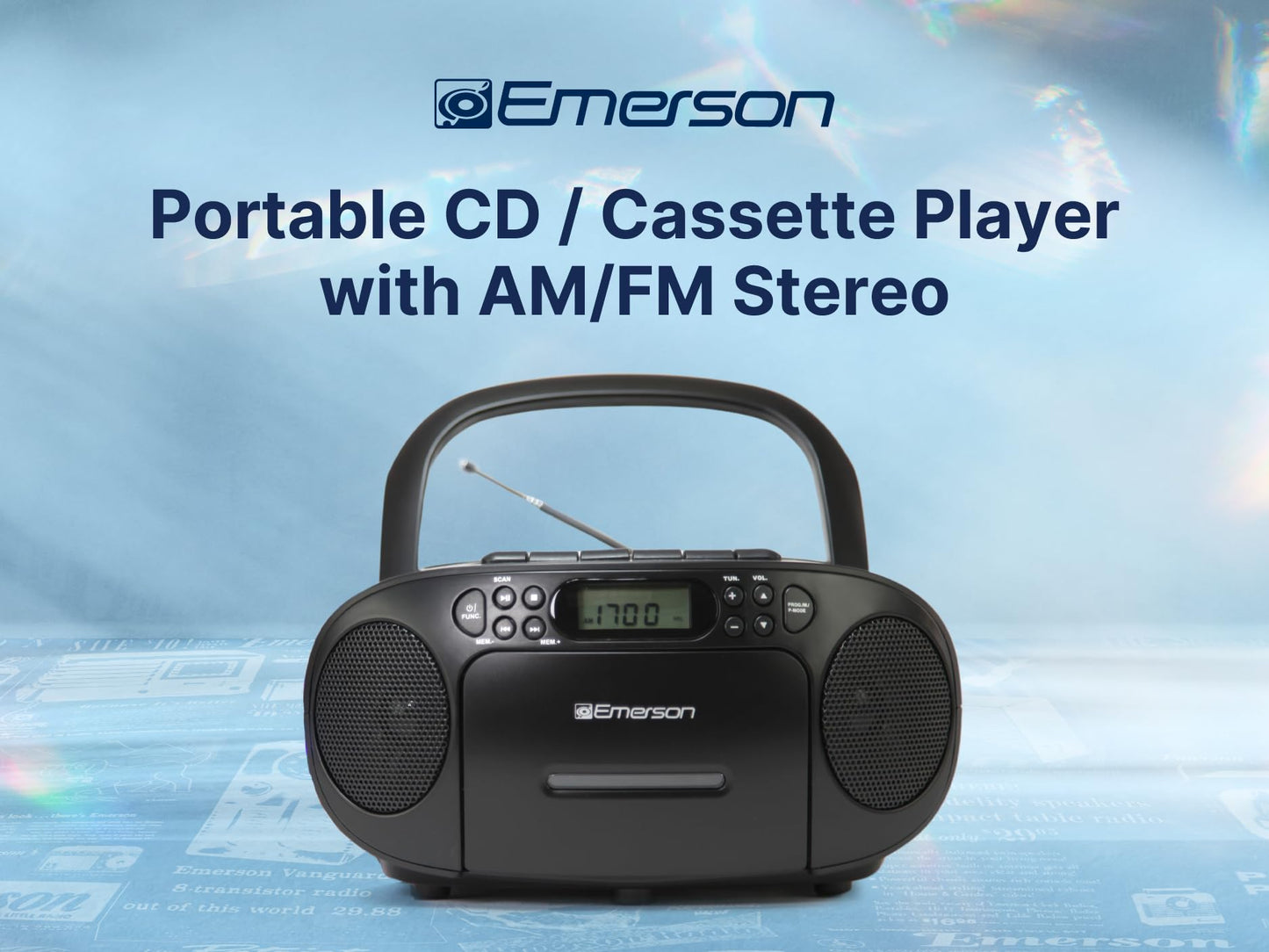 Reproductor de CD Emerson Negro con Cassette y Radio Am/FM Sistema Estéreo Portátil