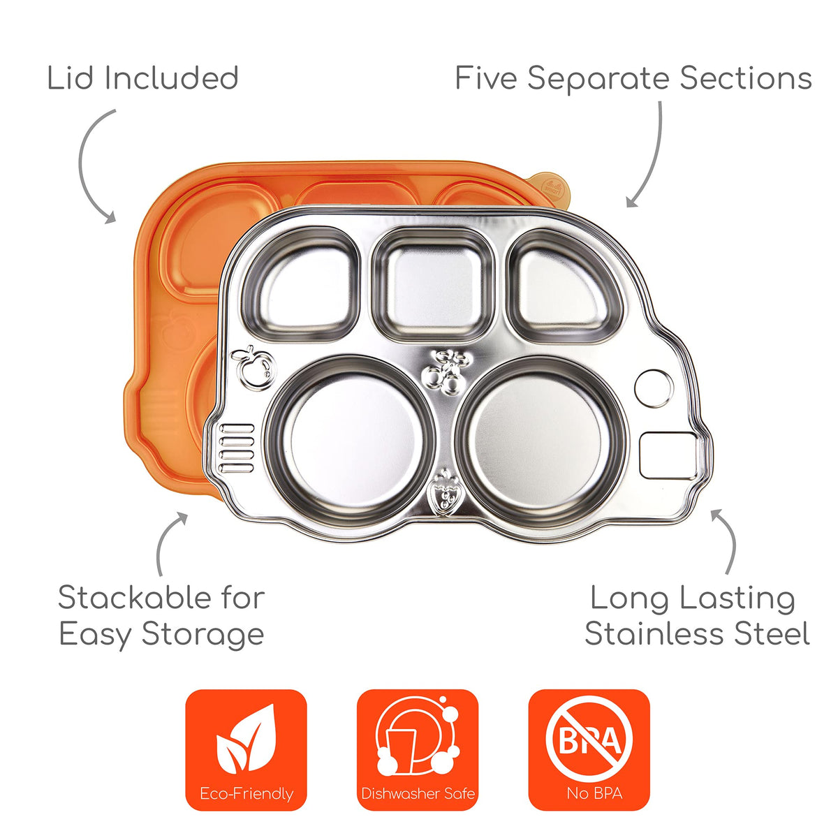 Innobaby - Plato de autobús de acero inoxidable con tapa seccional, original y resistente a fugas, solución de comida para bebés, niños pequeños y niños, placa última intervensión de BPA, naranja