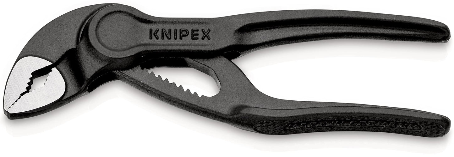 Knipex Cobra XS Mini Alicates para bomba de agua, 100 mm, tuercas a 24 mm, tubos a 28 mm, autobloqueante, ajuste fino mediante botón de empuje, Edc, 87 00 100