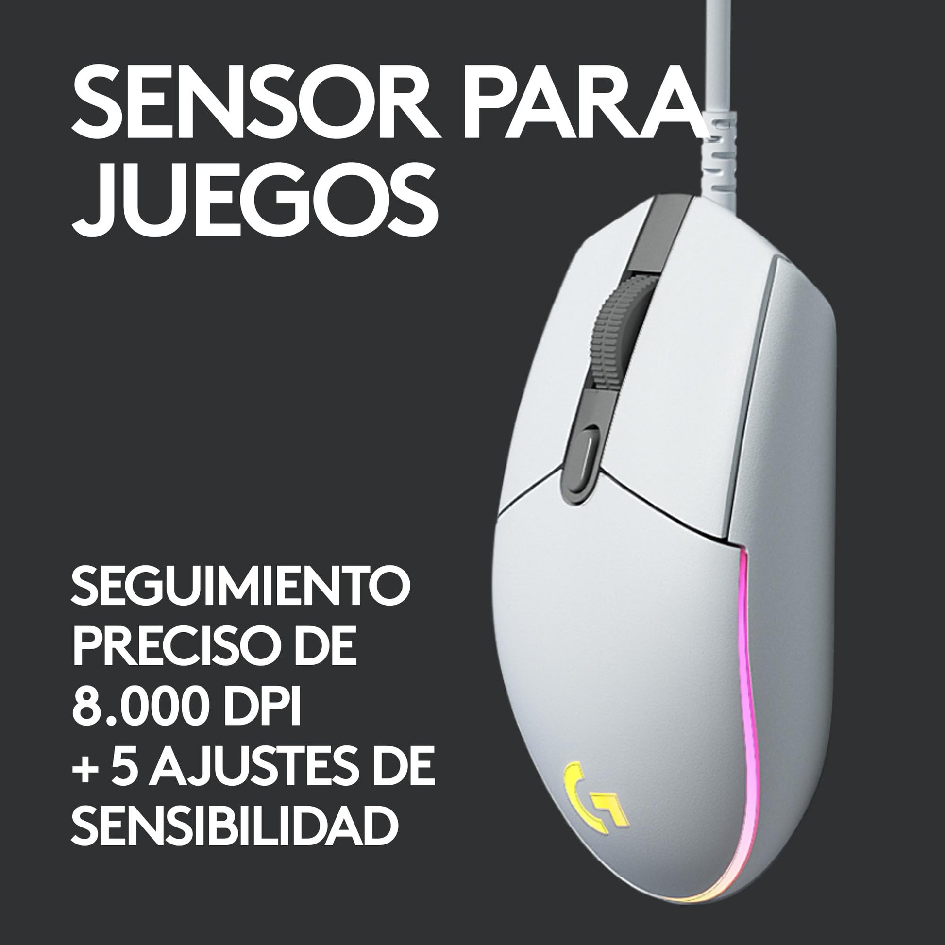 Logitech G203 LIGHTSYNC Mouse Gaming con Iluminación RGB Personalizable, 6 Botones Programables Seguimiento de hasta 8,000 DPI, Ultra-ligero - Blanco