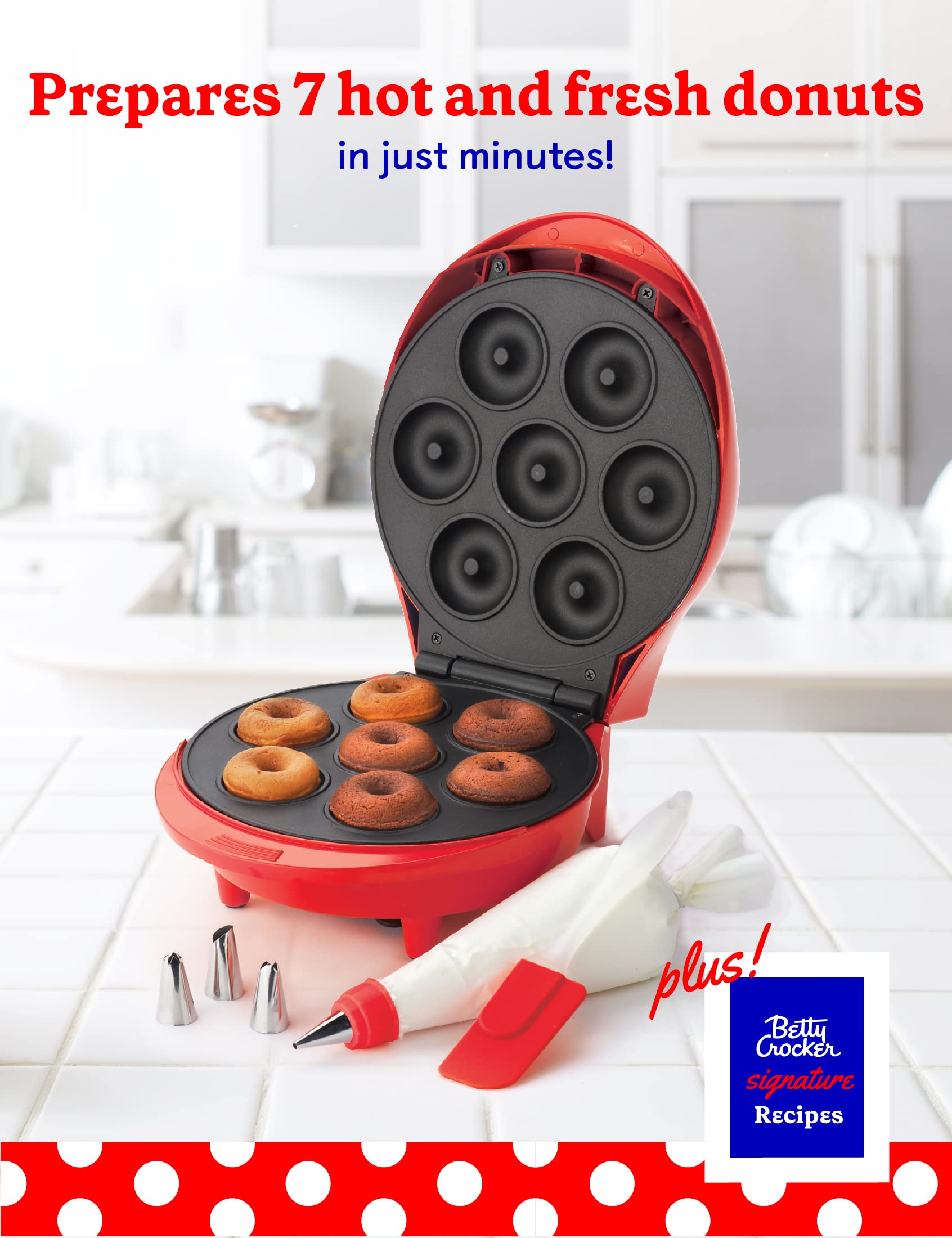 BETTY CROCKER Máquina para hacer donas, mini donas con superficie antiadherente, mini máquina para hacer donas con mango de tacto fresco y hace 7 deliciosas donas frescas en minutos, rojo