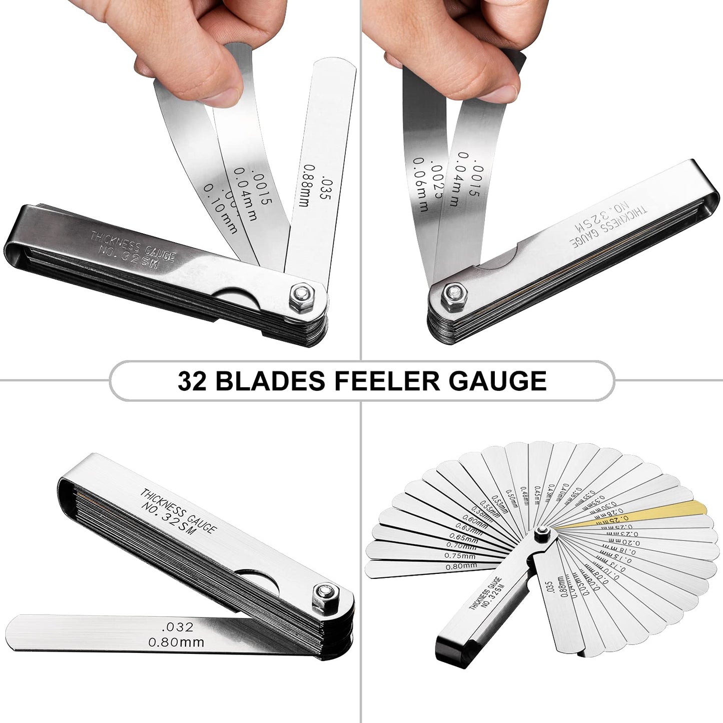 Spurtar - Medidores de sensor de 32 cuchillas de 0.0015-0.035 pulgadas (0.04-0.88 mm) de acero inoxidable para medir el ancho y el grosor del hueco para guitarra, bujía, pistón medido