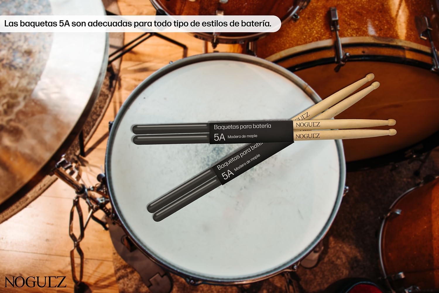 Noguez. 4 Baquetas Profesionales 5A con Grip Antideslizante para Batería, 2 Pares de Baquetas de Madera de Maple con Punta Ovalada, 2 pairs of drumsticks.