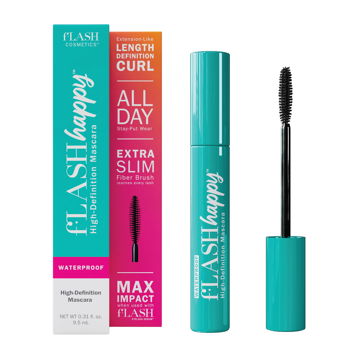 fLASH Happy High-Definition Mascara con cepillo de fibra ultrafino para alargamiento, volumen y rizo - Duración todo el día, fórmula vegana limpia, sin parabenos (True Black)