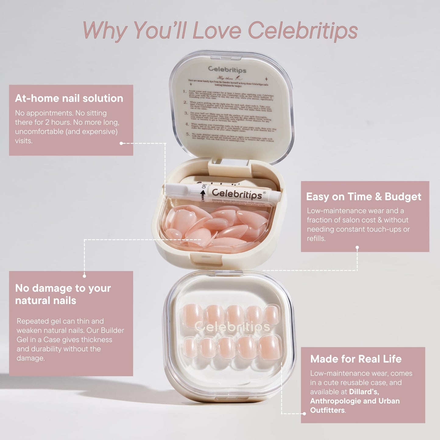 Celebritips Uñas Postizas - Salon U-Ltimate | Sheer Milk, Uñas Almendradas Extra Cortas, Reutilizables | 16 Tamaños - Kit de 32 Uñas con Pegamento Y Pestañas Adhesivas