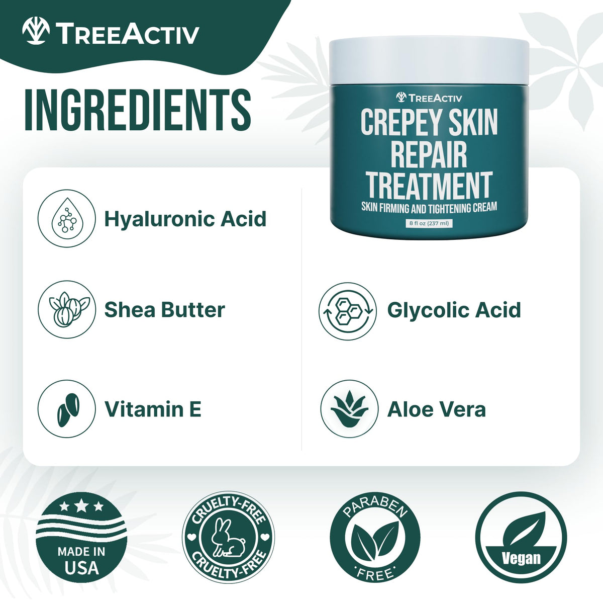 TreeActiv Crepey Skin Repair Treatment | Anti-Aging | Anti-Wrinkle | Organic Ingredients for Face, Neck, Chest, Legs & Arms | Hyaluronic Acid, Alpha Hydroxy Fruit Acids, Honey, Shea, Castor