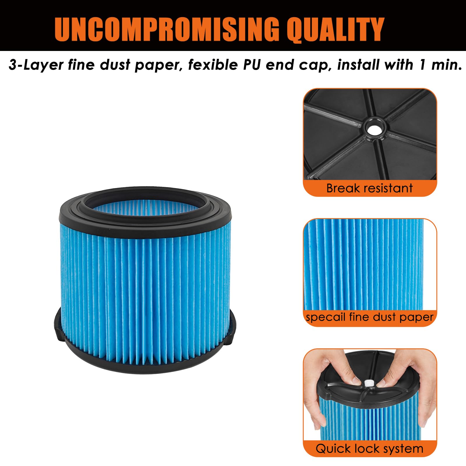 LVJUSEN VF3500 Filtro de repuesto para Ridgid Shop Vaccum, 26643 Filtro de polvo fino para aspiradoras portátiles de 3/4/4.5 galones, reemplaza WD40700, WD30500-2 unidades