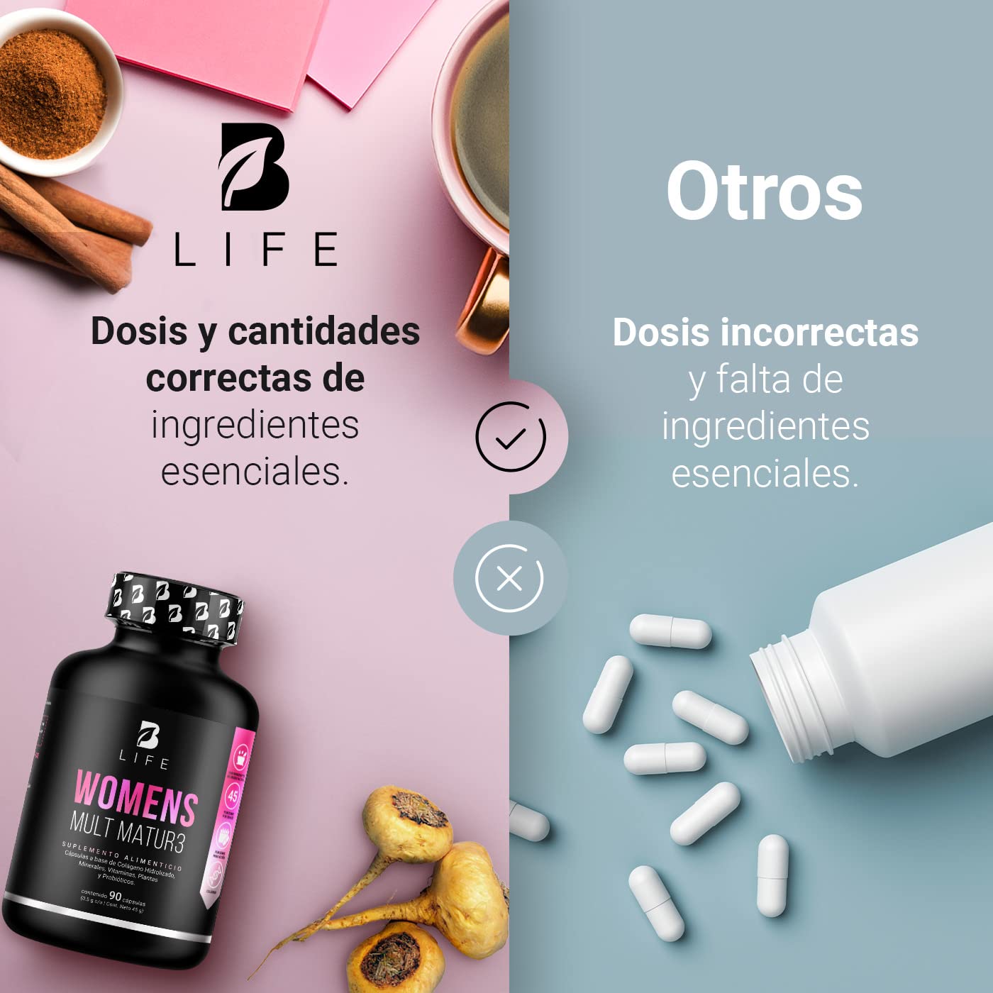 B Life Company Multivitamínico para Mujer Mayor de 40 años con 90 Cápsulas. Ingredientes naturales: Colágeno, Inositol, Maca, Probioticos. Womens Mult Mature.