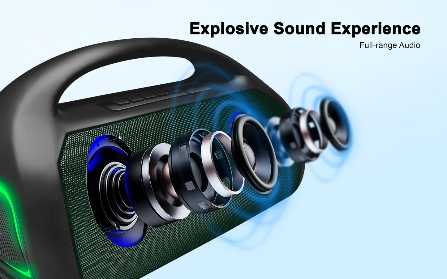 Fisher - Altavoces portátiles Bluetooth - Altavoz inalámbrico portátil con potencia máxima de 20 W, sonido HD, luces RGB, IPX4 resistente al agua, emparejamiento TWS, radio FM, BT 5.3, tiempo de