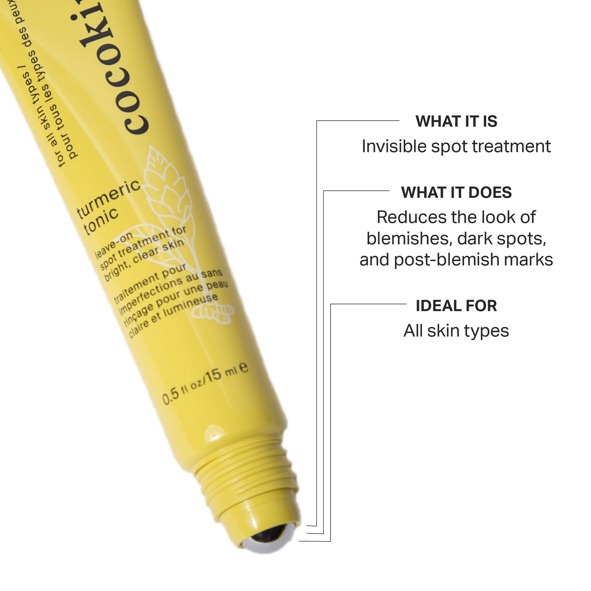 Cocokind Tratamiento de manchas de cúrcuma tónica, removedor de manchas oscuras, invisible, sin secar, con aceite de árbol de té y extracto de avellana de bruja, 0.5 onzas