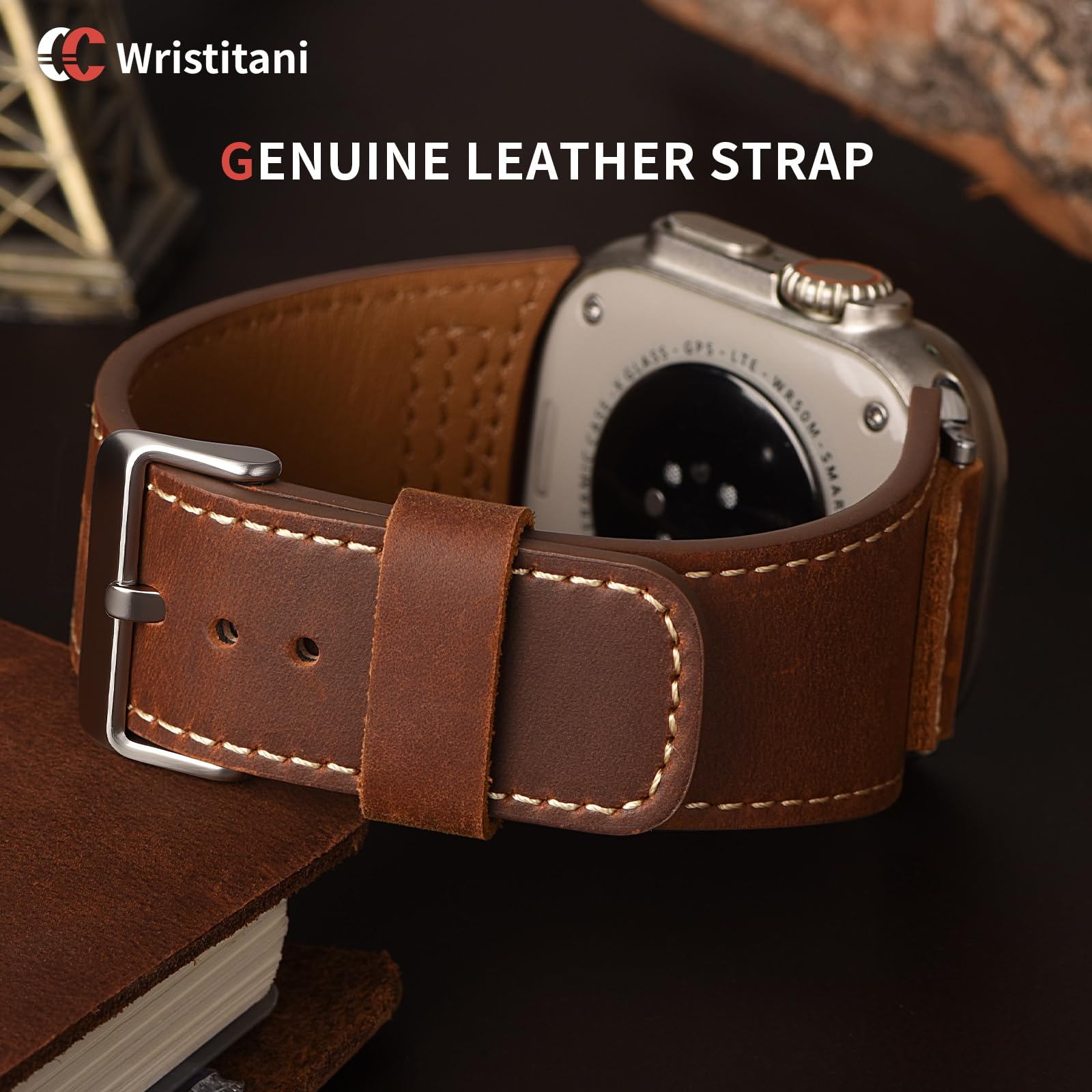 Correa Cuero Wristitani Marrón Oscuro Hebilla Plateada Compatible Apple Watch para Hombre