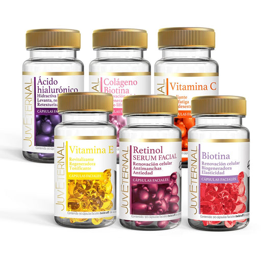 Juveternal Kit 6 frascos Cápsulas Faciales Ácido Hialurónico Cápsulas Faciales Colágeno Biotina Cápsulas Faciales Vitamina C Cápsulas Faciales Vitamina E Cápsulas Faciales Biotina Cápsulas Faciales Retinol 90 cáps c/u Efecto Litting Reafirma y Retexturiza