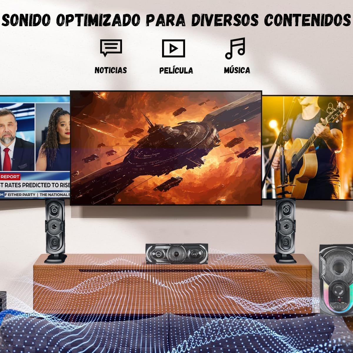 D&M L5 Sonido Teatro en casa,con Subwoofer - Sistema de Sonido Envolvente 3 en 1 Separado,para TV Juegos de PC HD-ARC/BT 5.4/óptica/AUX/USB Conexión 5 Modos EQ Graves Profundos