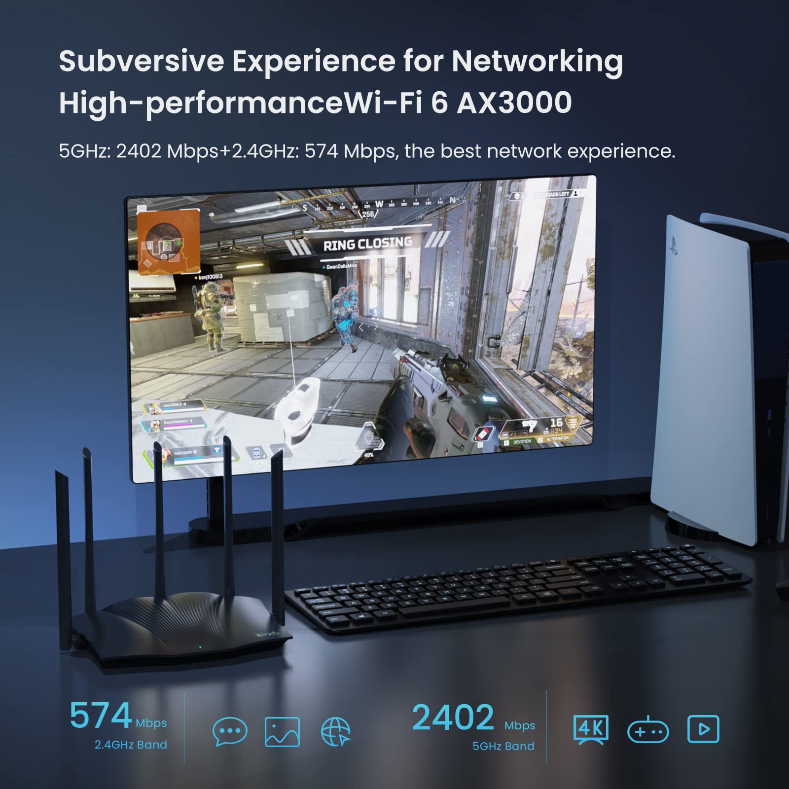 Tenda RX12Pro AX3000 Router WiFi 6 - Doble Banda, 1xWAN/3xLAN Puertos Gigabit, 5 Antenas de 6dBi, Router Gamming, Soporta VPN WPA3 WPS OFDMA, MU-MIMO, Modo Repetidor