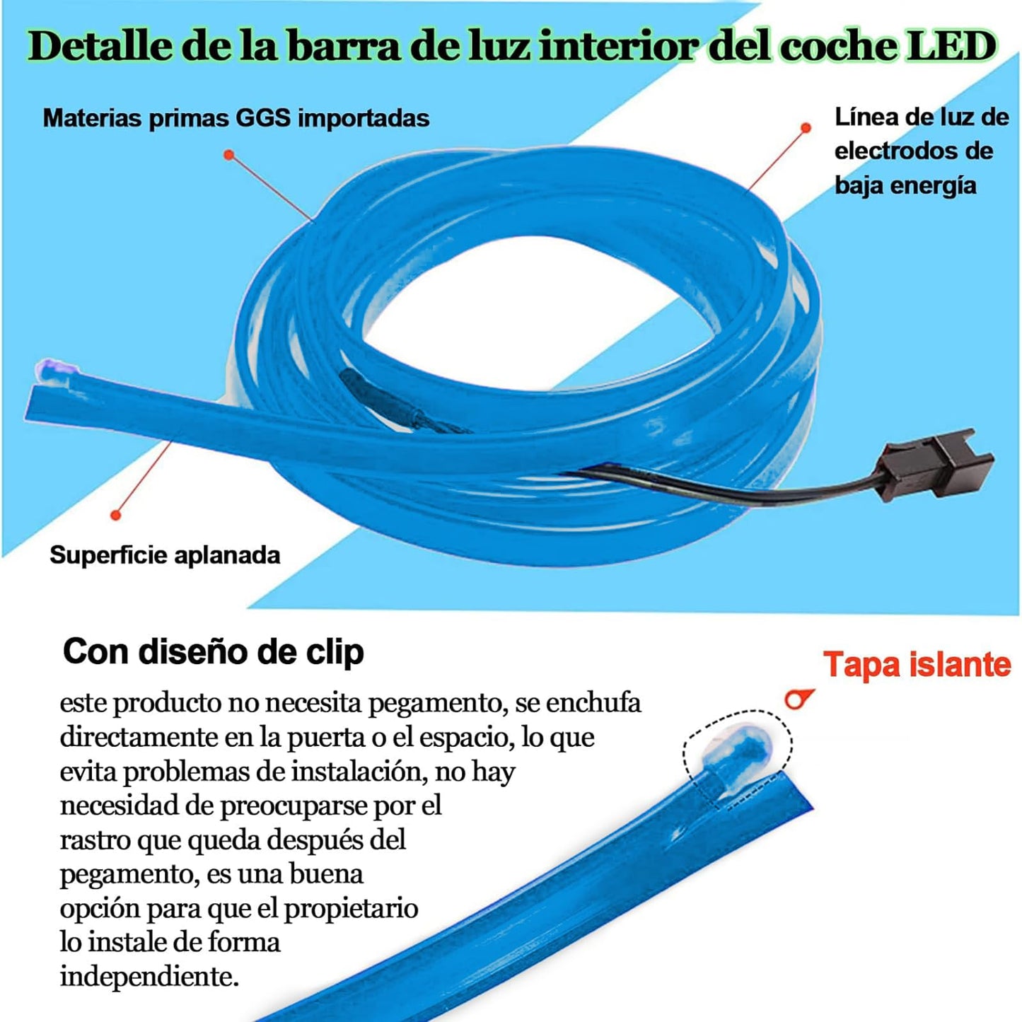Tira de Luces LED para Coche Azul Cable de Neón 5m 12V con Modo de Música
