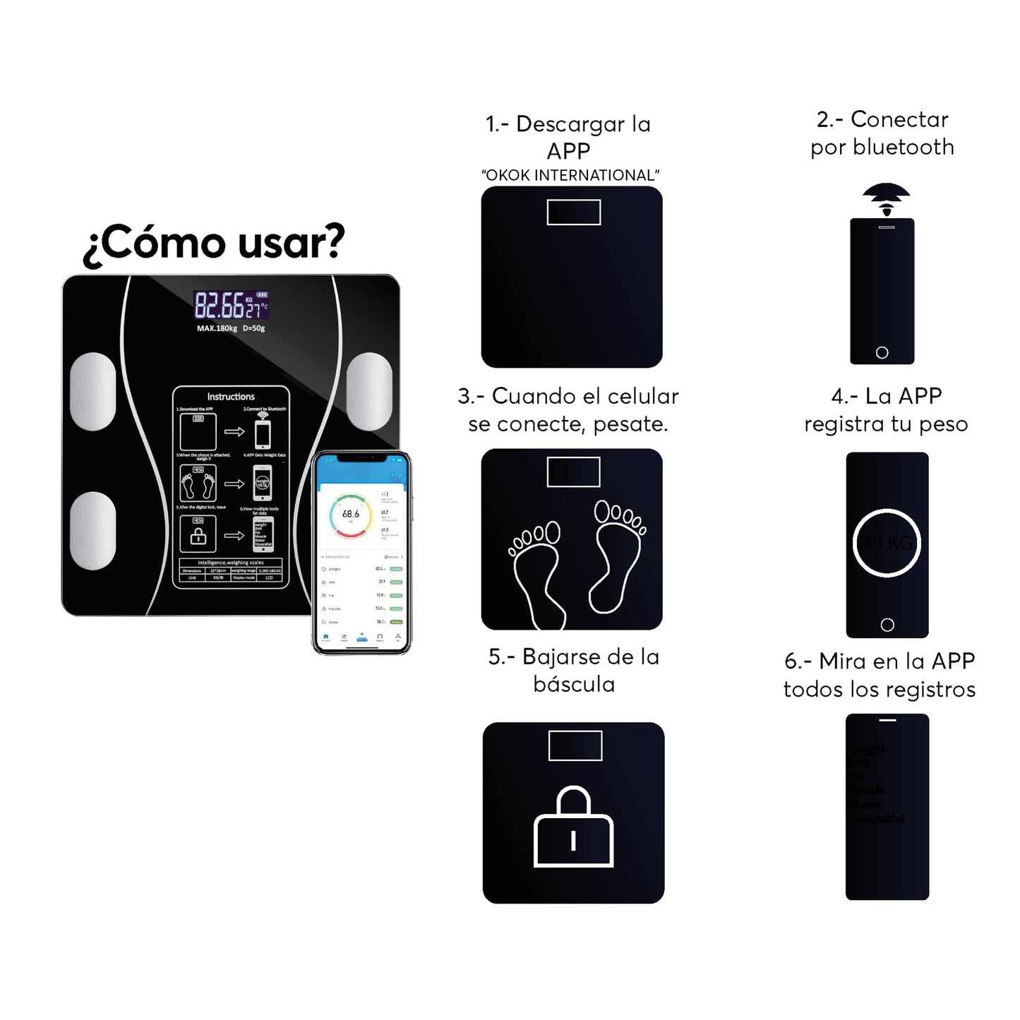 Báscula Digital Archy Inteligente Negra con Analizador de Composición Corporal y App Bluetooth Compatible Android y iOS