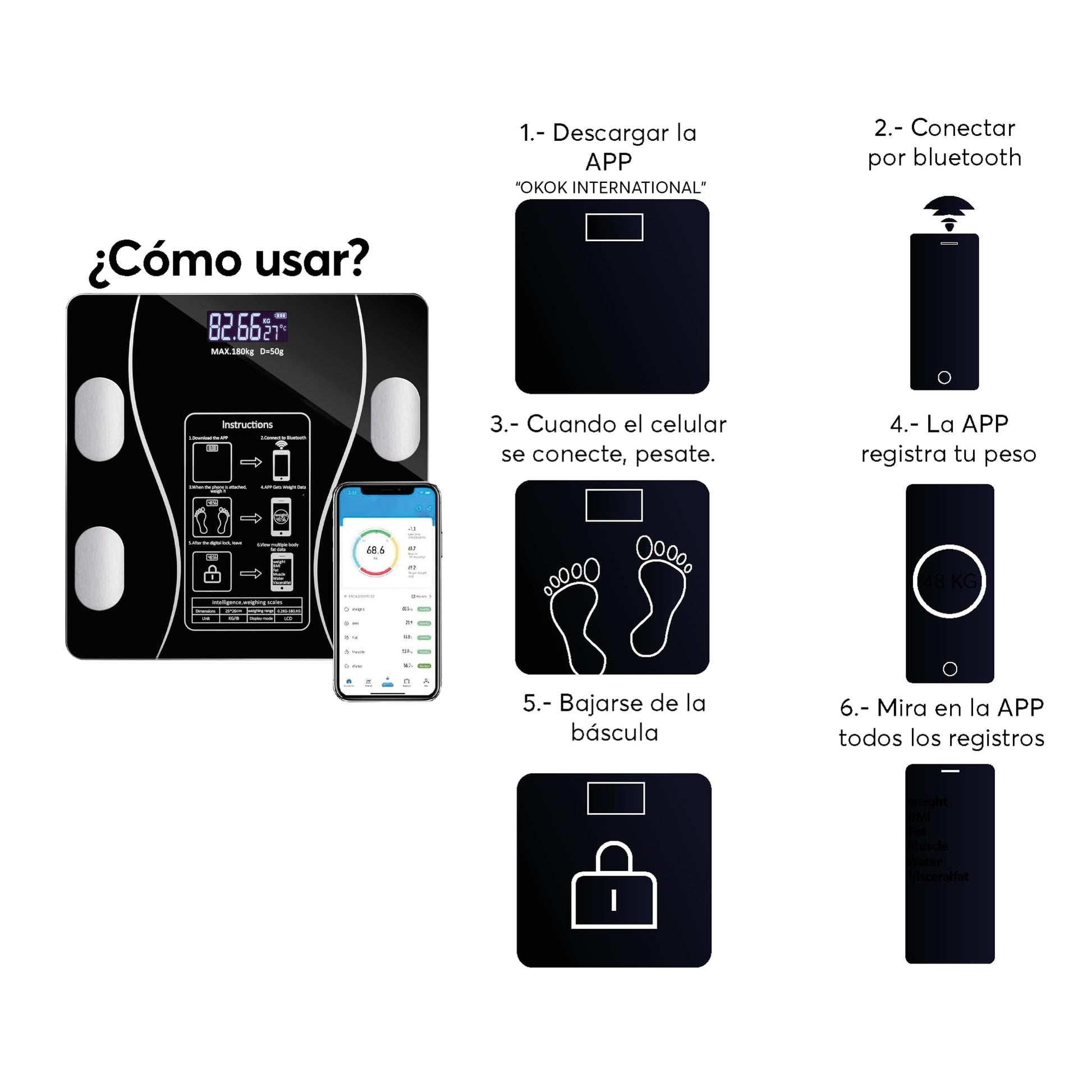 Báscula Digital Archy Inteligente Negra con Analizador de Composición Corporal y App Bluetooth Compatible Android y iOS