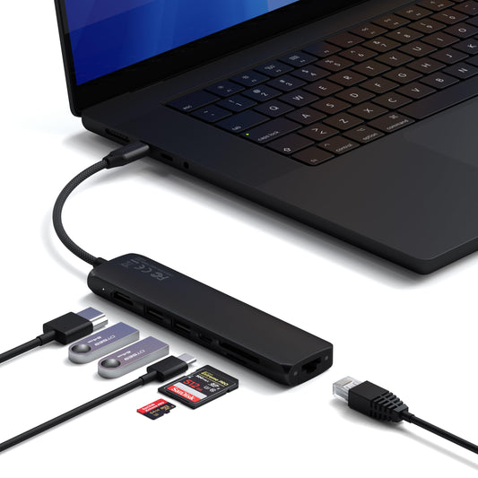 Adaptador USB-C SATECHI Negro 7 en 1 con HDMI 4K, Carga 100W y Lectores de Tarjetas para MacBook iPad iPhone Windows