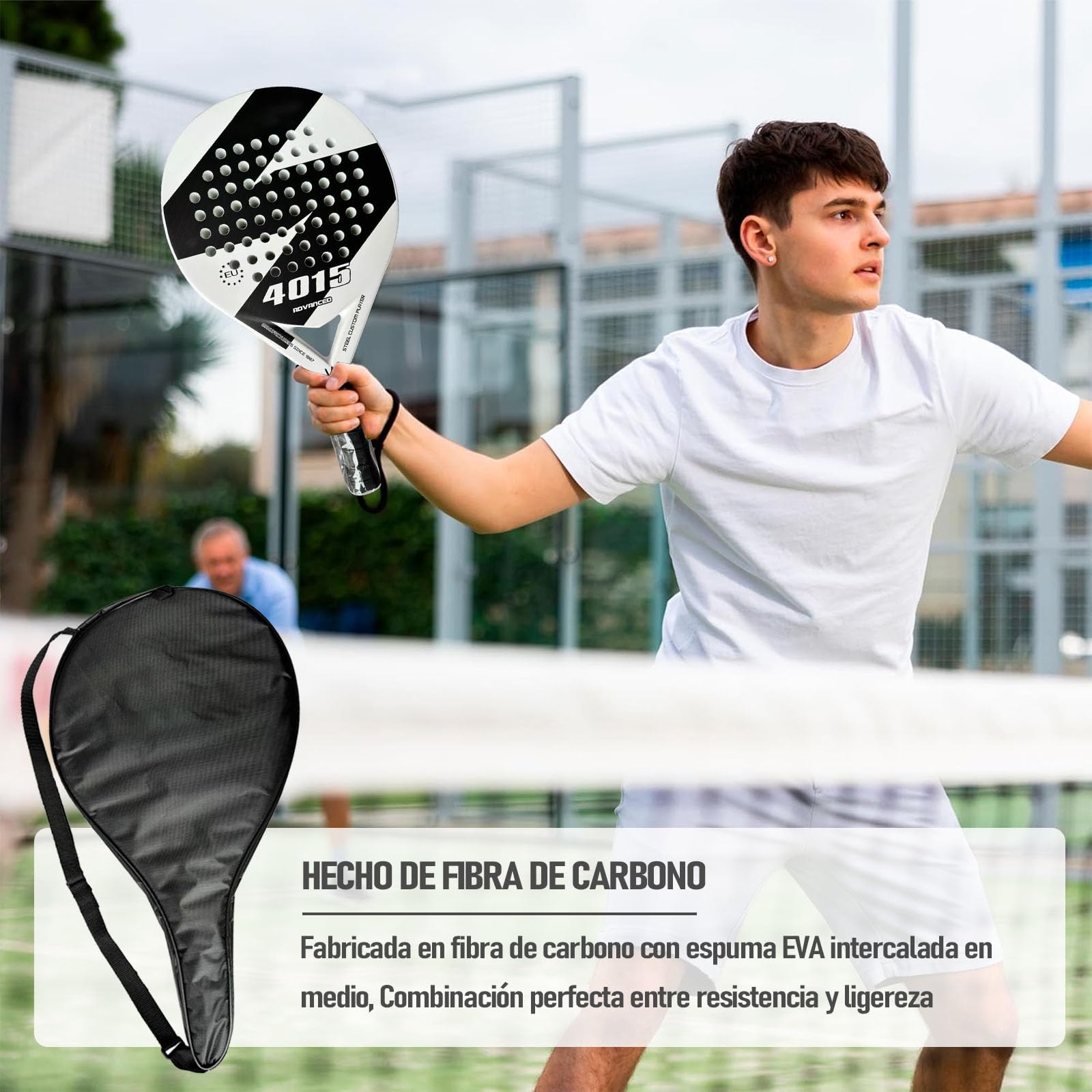 KUEIY Pala de pádel con Funda, con 3 Bolas y Grip, sándwich de Espuma EVA, Fabricada en Fibra de Carbono, Apta para Jugadores Principiantes e intermedios (Blanao)