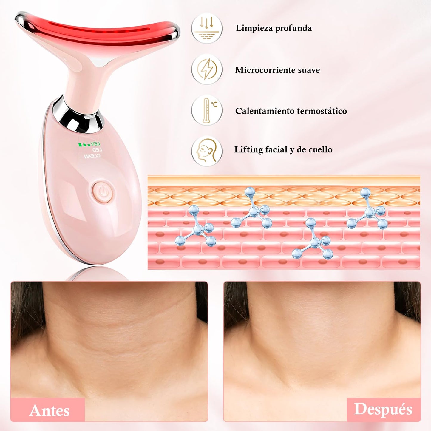 Masajeador Facial Cuello, Antiarrugas Masajeador de Belleza con 7 Modos, Máquina Belleza Facial Electrico con Luz LED, Limpieza profunda, Antienvejecimiento,cuidado facial recargable por USB