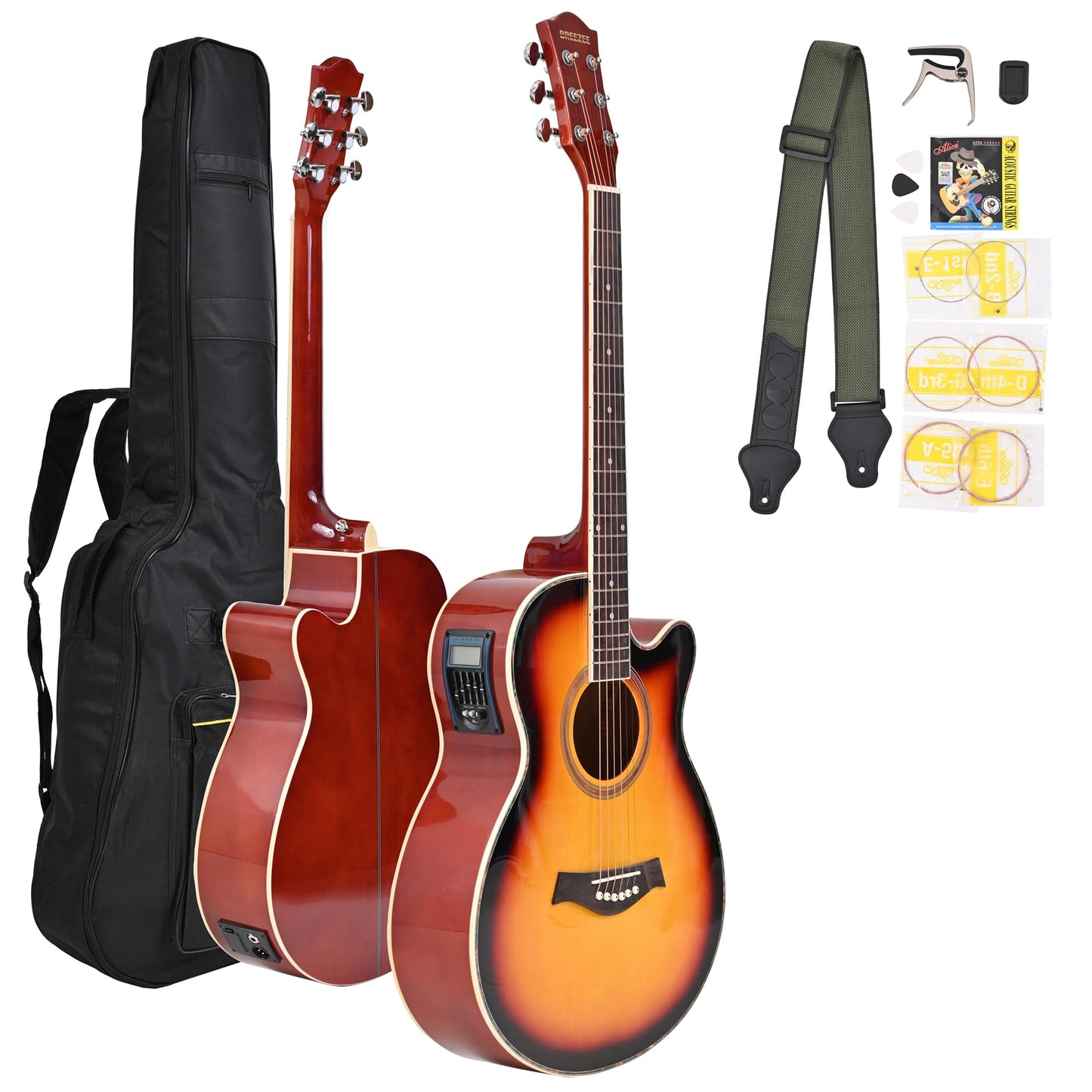 BREEZEE Guitarra Electroacústica de 40” Diseñada sobre Abeto, Merbau, Okume y Palisandro. Acabado de Barniz en Pulverización, Incluye Set de Accesorios Completo para Principiante