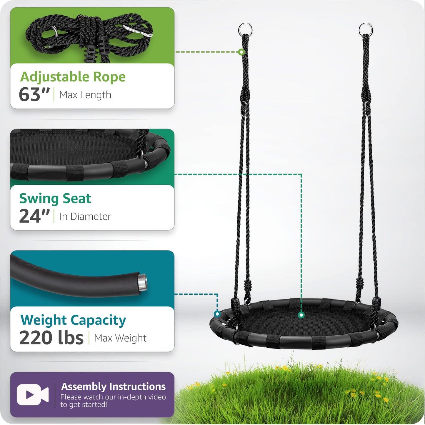 Columpio Giratorio Sorbus Negro para Niños con Asiento Redondo y Accesorios Incluidos
