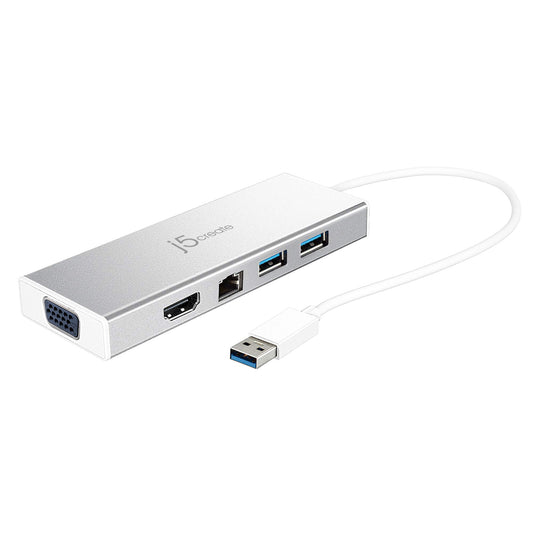 J5create Hub USB 3.0 con HDMI, VGA, RJ45 Gigabit Ethernet, 2 puertos USB 3.1 tipo A - Adaptador de transferencia de datos de alta velocidad para Mac, Windows, PC de sobremesa - Soporta resolución de hasta 2K