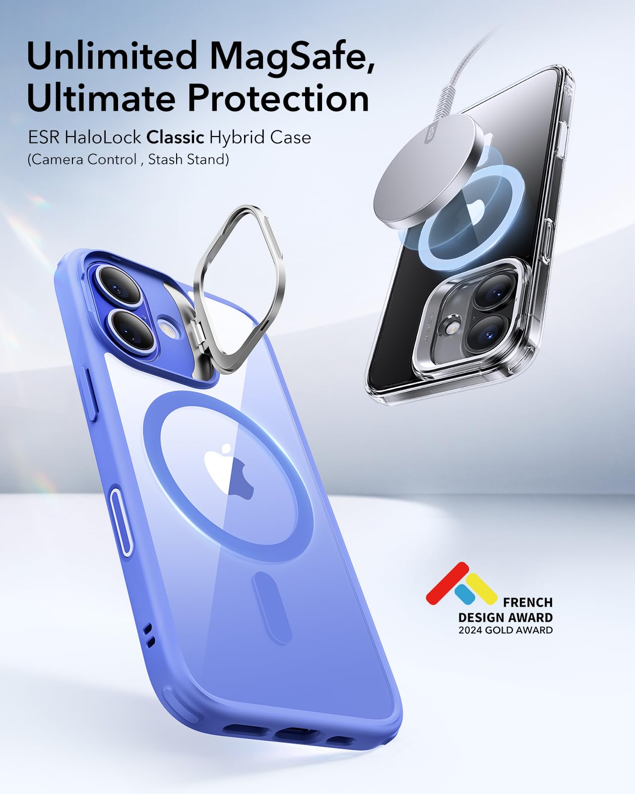 ESR - Funda para iPhone 16 Plus, botón de control de cámara compatible con MagSafe, protección de grado militar, soporte integrado, funda trasera resistente a arañazos, clásica, azul transparente