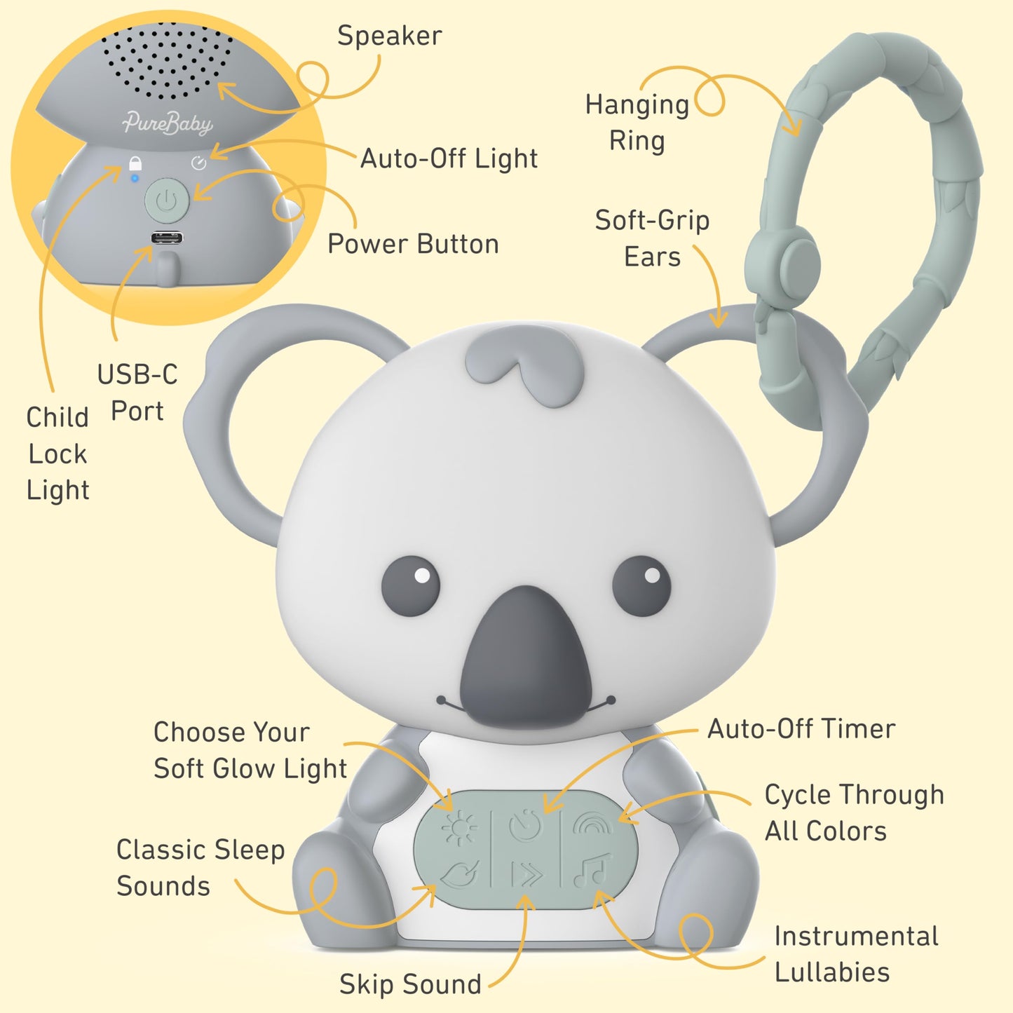 Pure Enrichment® PureBaby® - Máquina de sonido colgante de Koala - Ayuda portátil para dormir de viaje/luz nocturna y anillo colgante desmontable, ruido blanco, silencio, canciones de cuna y más