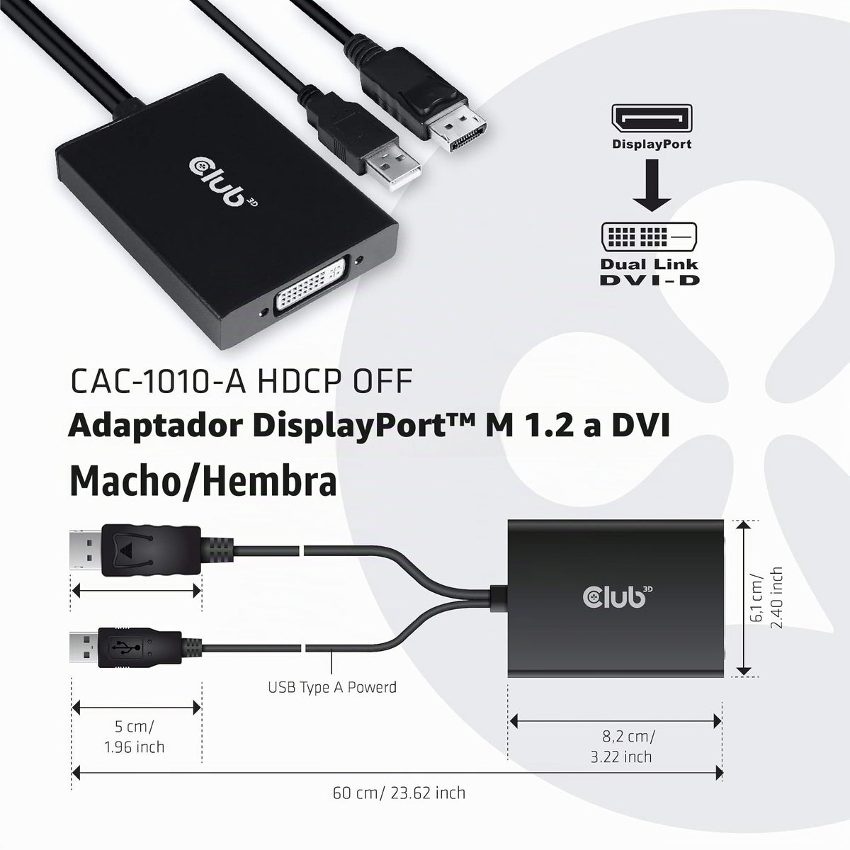 Adaptador Activo DVI-D CAC-1010 Club 3D Blanco Alimentado por USB A resolución 2560x1600 Compatible con HDCP