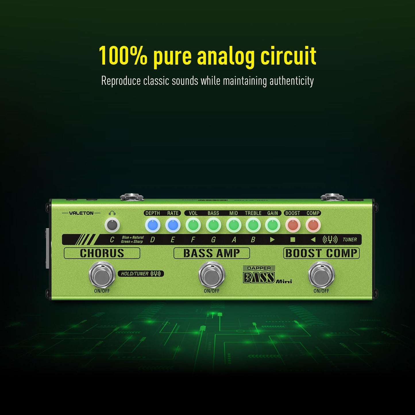 Pedal de Efectos Múltiples Valeton Bass Verde Amplificador Analógico Boost Comp Chorus para Bajo