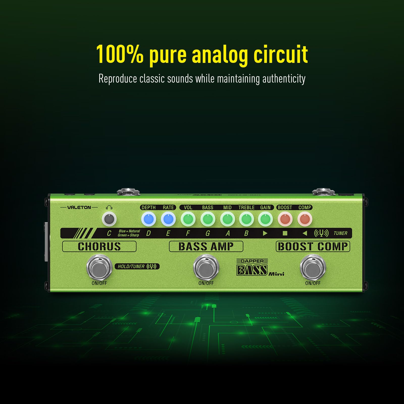 Pedal de Efectos Múltiples Valeton Bass Verde Amplificador Analógico Boost Comp Chorus para Bajo
