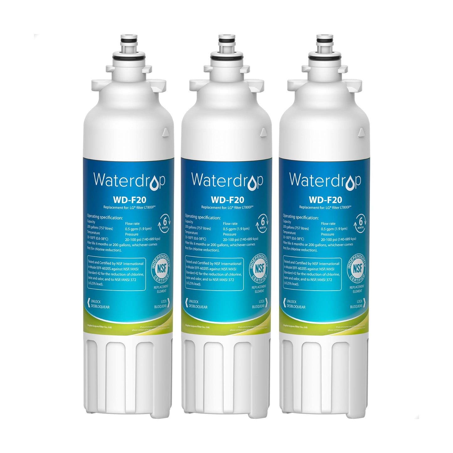 Filtro de Agua para Refrigerador Waterdrop Blanco Certificado NSF 53&42, Compatible con LG LT800P y Kenmore, Pack de 3