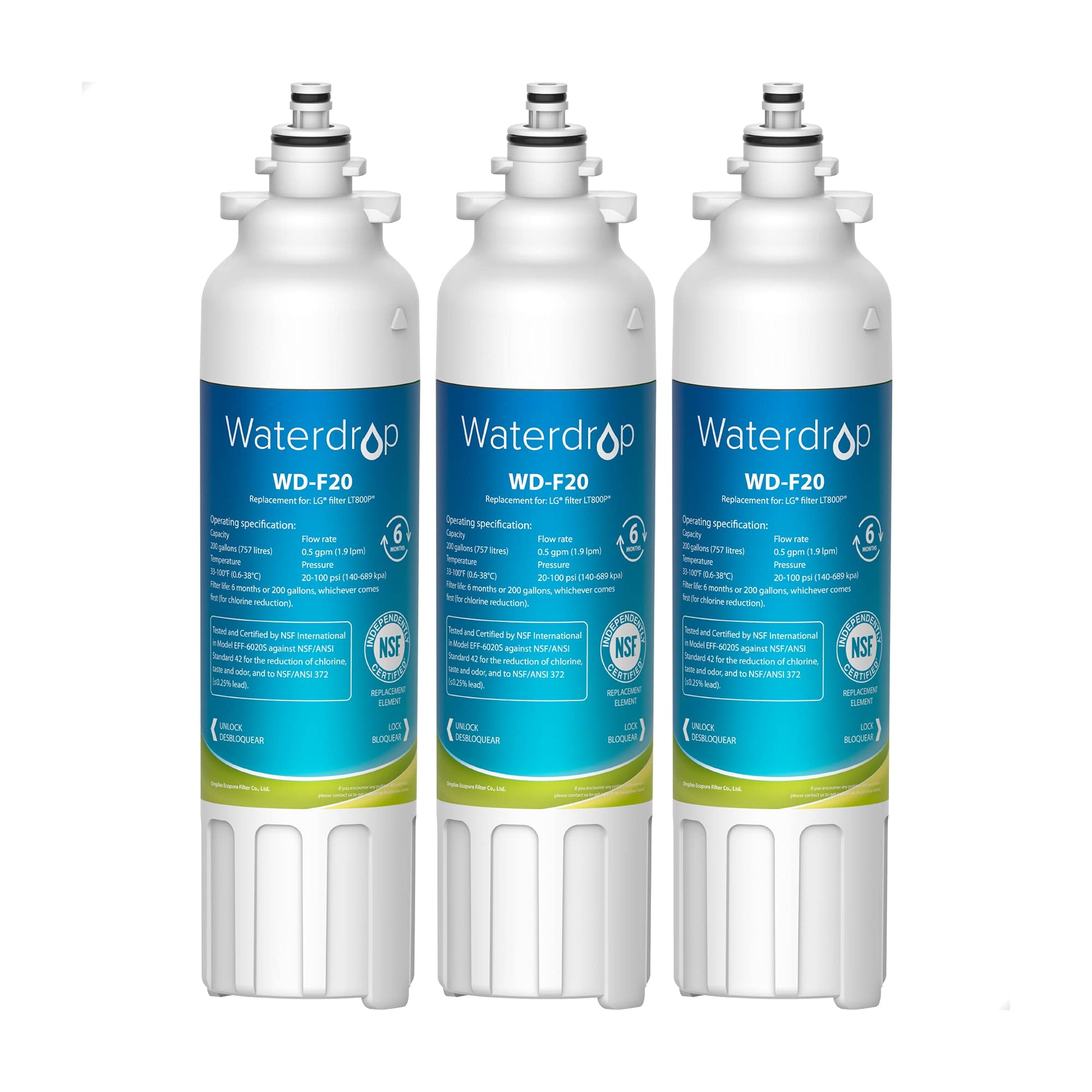 Filtro de Agua para Refrigerador Waterdrop Blanco Certificado NSF 53&42, Compatible con LG LT800P y Kenmore, Pack de 3