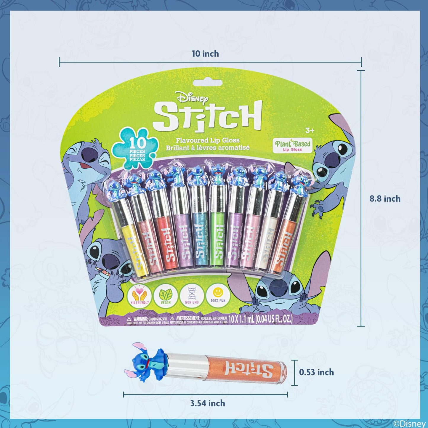 Stitch 10 unidades de brillo para labios de a base de plantas, primer set de maquillaje para niñas, perfecto para fiestas, pijamadas y regalos de cumpleaños, para mayores de 3 años, de Townley Girl