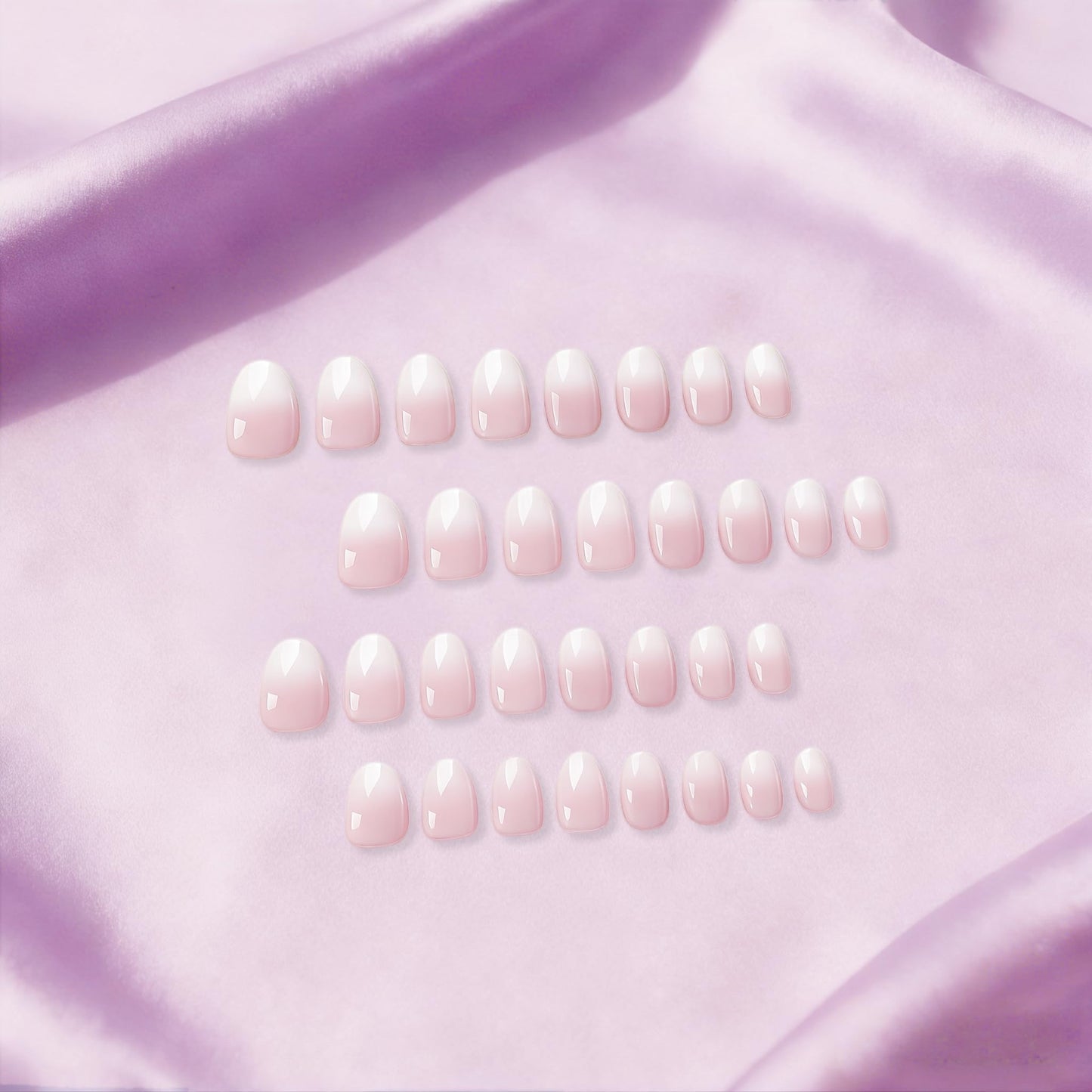 JOYVVEW Uñas postizas Ombre cortas ovaladas, 32 piezas, 16 tamaños, uñas postizas rosa degradado, almendradas, ajuste natural, uñas francesas brillantes con pegamento, acrílicas.