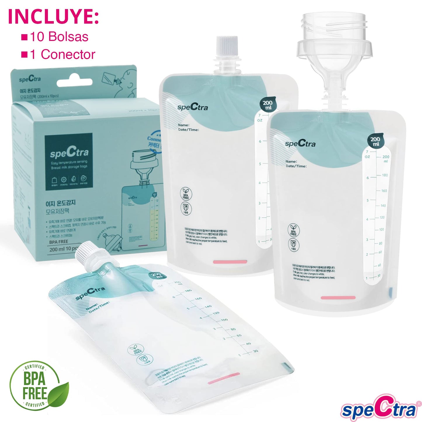 Kit de Bolsas de Almacenamiento Espectra Transparente Original para Leche Materna con Conector para Copa y Tetina