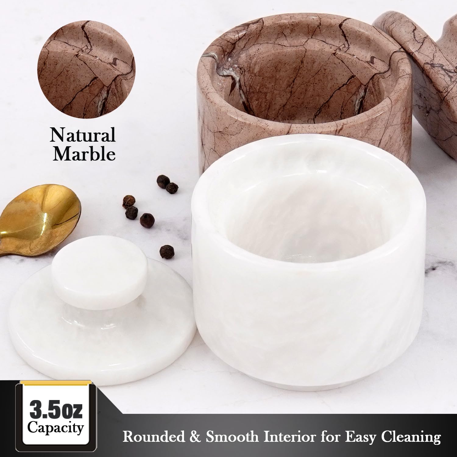 MARBLOUS KRAFTS - Bodega de sal de mármol con tapa de 3 pulgadas, color blanco y salero Marinara, recipientes para condimentos, almacenamiento de cocina, decoración del hogar