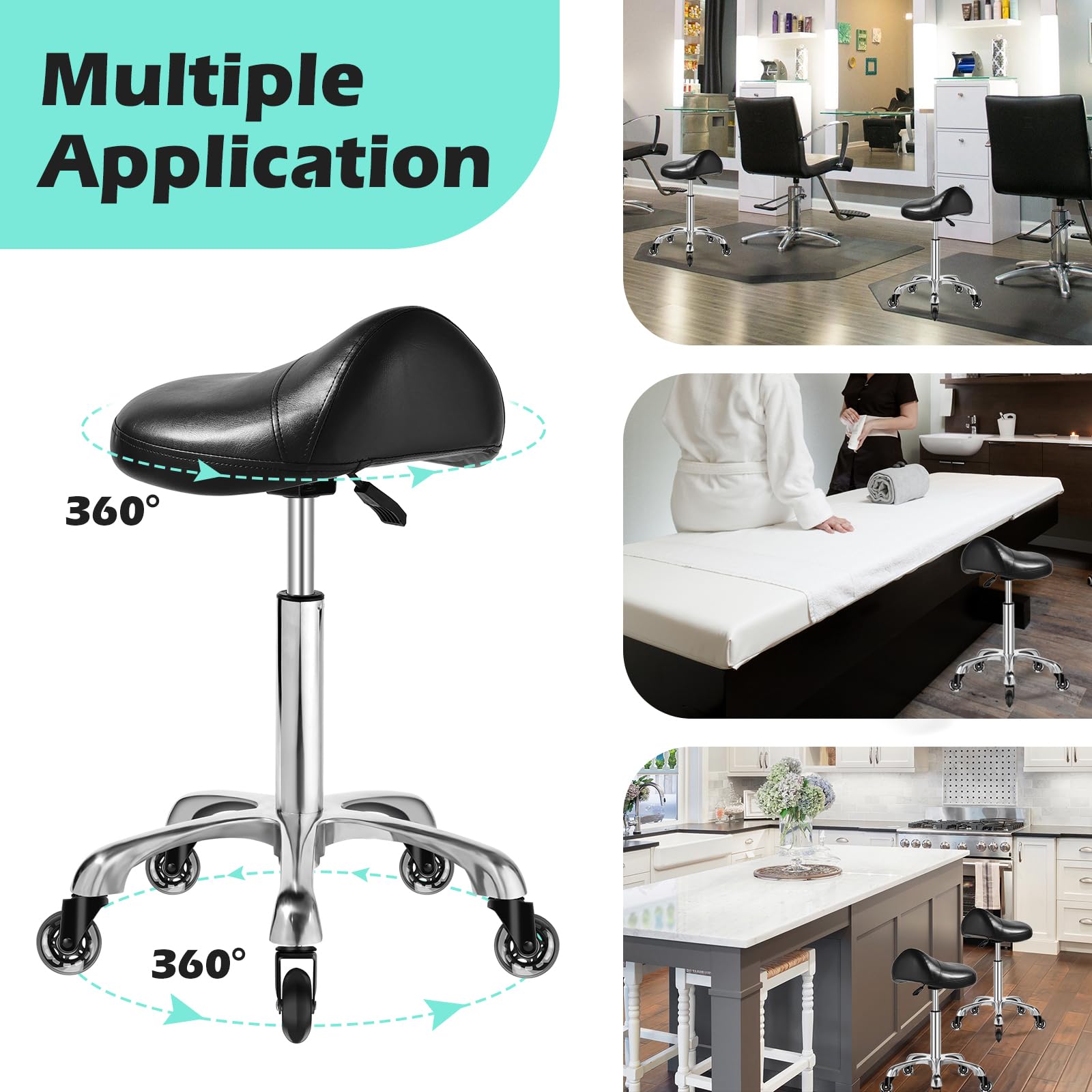 Taburete de Sillín Ergonómico con Ruedas, Cojín Grueso Mejorado, Corrección de Postura, Ajustable, Resistente 400 Libras, para Salón de Masaje y Hogar