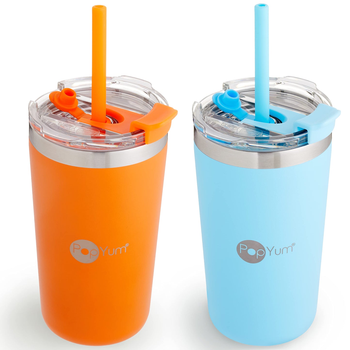 PopYum Vasos Térmicos Anti Derrame de acero inoxidable para niños de 13 onzas con tapa y popote paquete de 2 naranja y axul