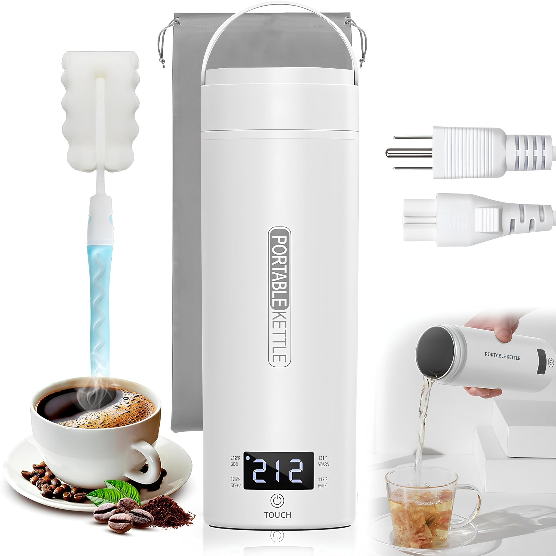 Hervidor de Agua Electrico Portatil,500ML Termo Electrico,Control de Temperatura NTC y Protección contra quemaduras en seco,Adecuado para viajes, oficina, camping, preparación de té y café.
