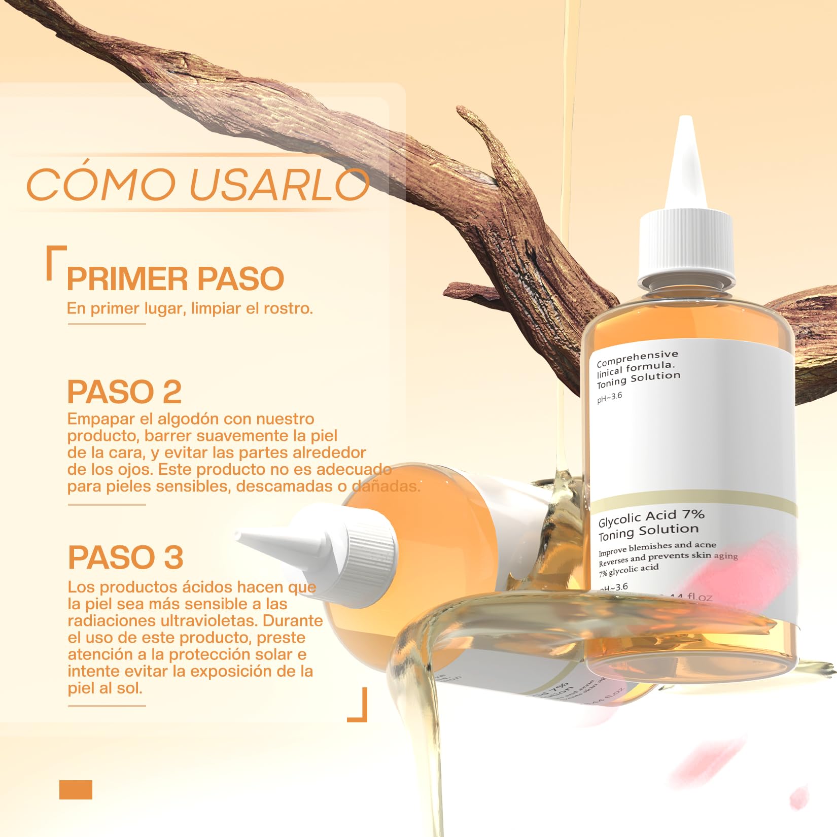 Tónico Facial Ácido Glicólico 7% 240ml para Manchas y Acné - Exfoliante y Rejuvenecedor de Piel Grasa - Tonificante y Despigmentante - Solución Reafirmante SEO