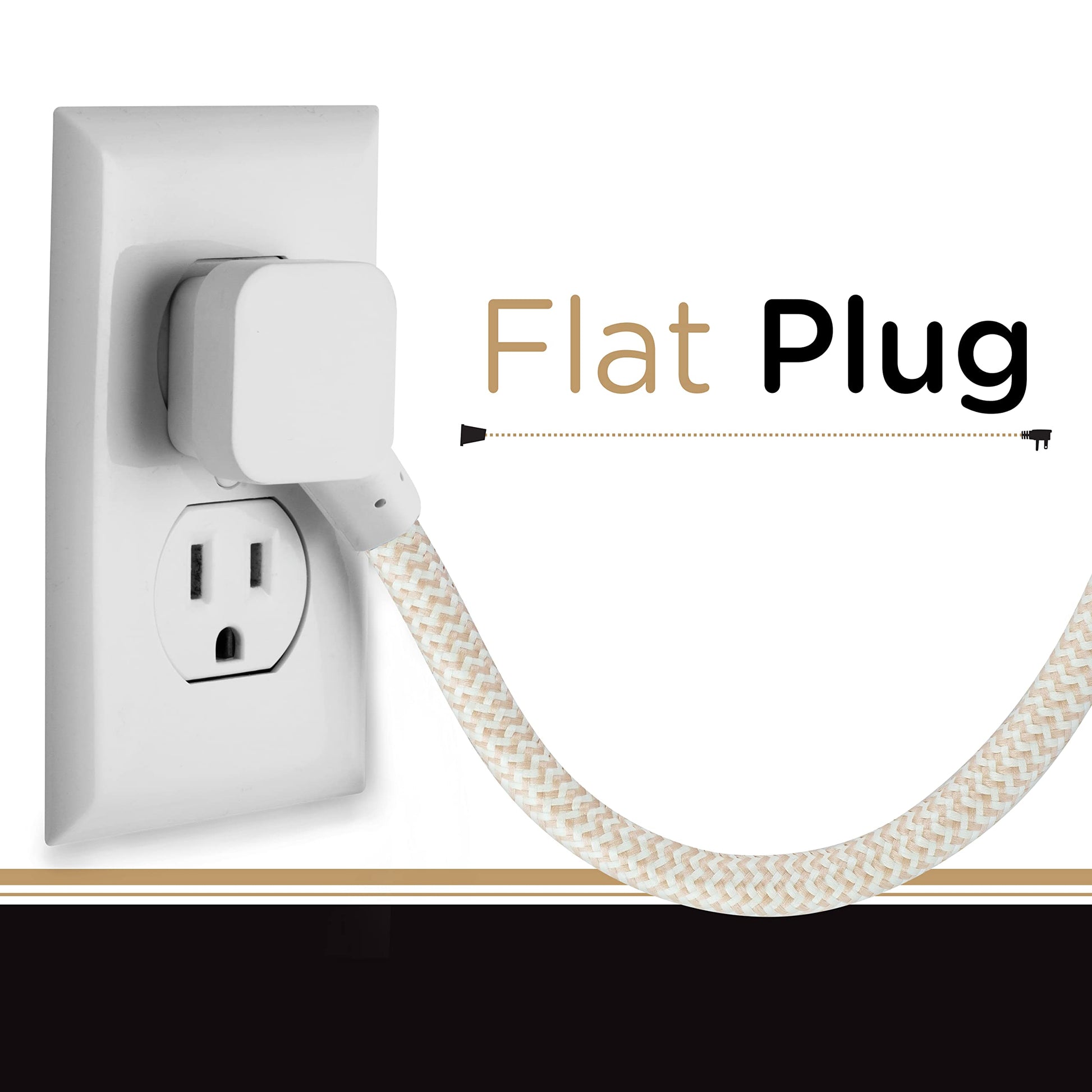 Cordinate Designer 3-Outlet Extension Cord with Surge Protection, Brown Braided Décor Fabric Cord, 10 ft, Low-Profile Plug with Tamper Resistant Safety Outlets, 37916