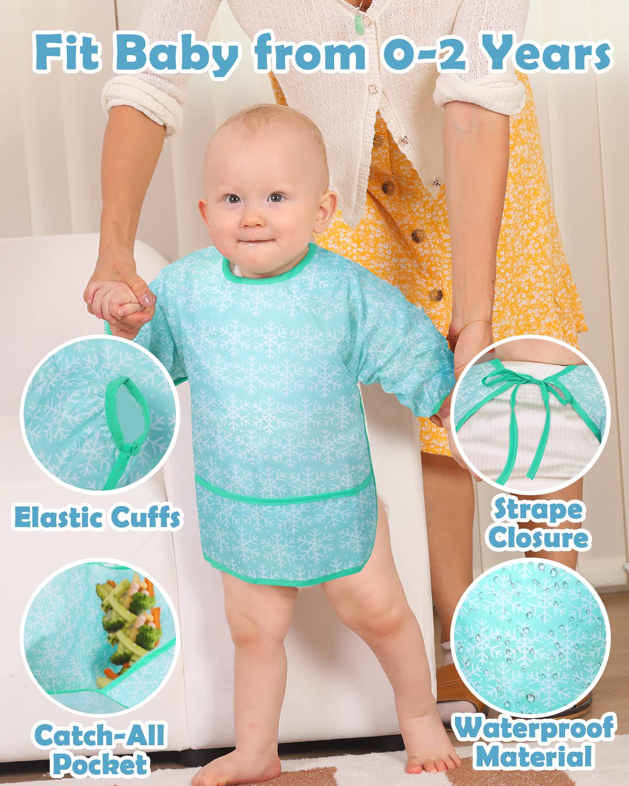 Lictin Unisexos Baberos, Baberos para Bebe, Baberos Bebe Niño Impermeable, Baberos Bebes con Mangas, Larga Impermeables con Escote Ajustable para Niños Niñas de 0-24 Meses (5 Piezas)