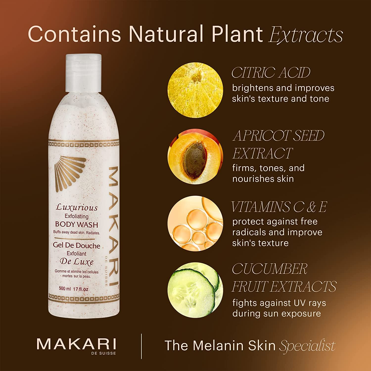 Makari Classic Luxurious Lightening Exfoliating Body Wash 17 fl.oz â€" Face & Body Cleanser With Mulberry Root Extract & Exfoliating Micro Crystals â€" Whitening Treatment for Dark Spots & Acne Scars