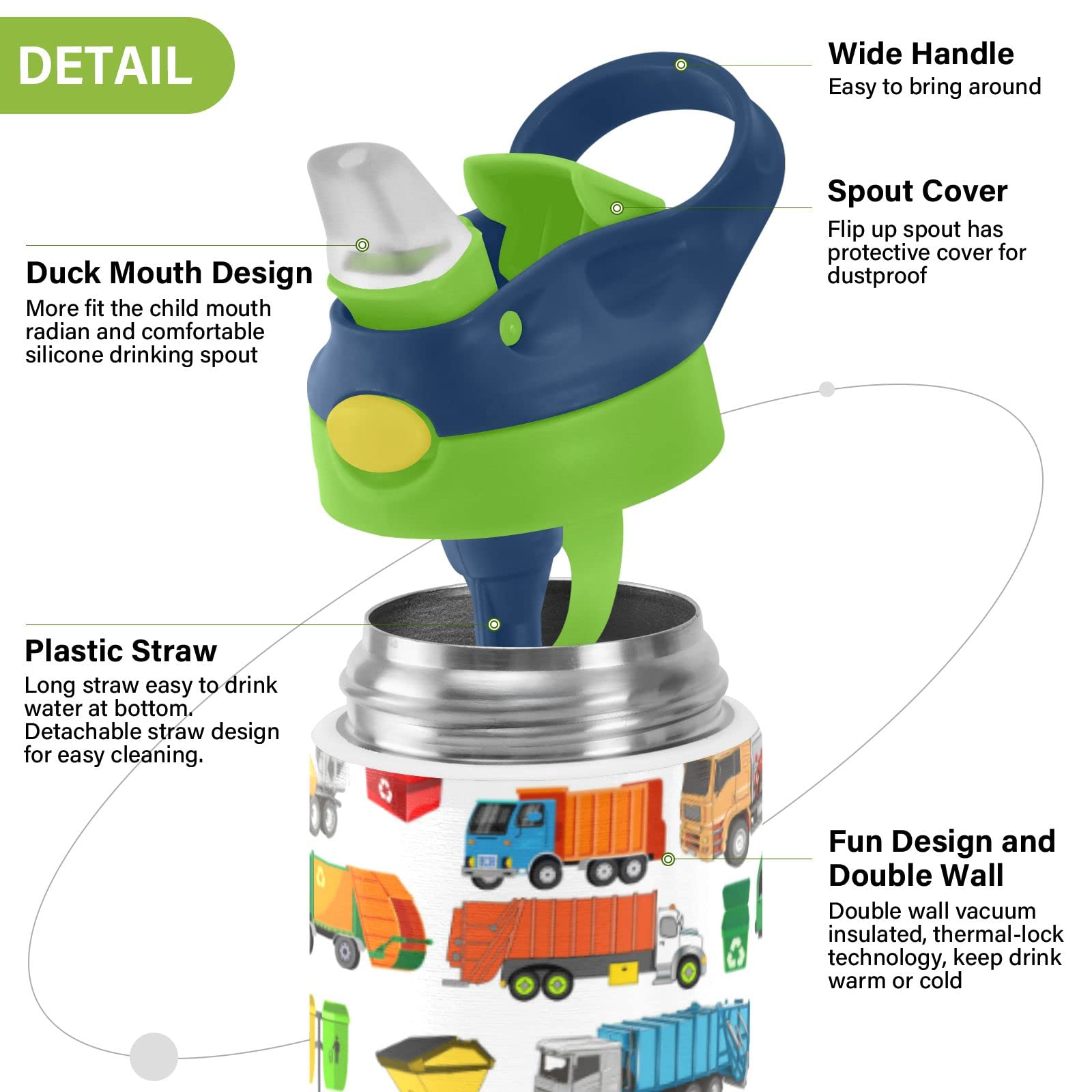 Botella de agua de acero inoxidable para niños, botella de agua aislada al aspiradora de acero inoxidable de 12 onzas para niños y niños, botellas aisladas al aspiradora de doble pared (camiones de