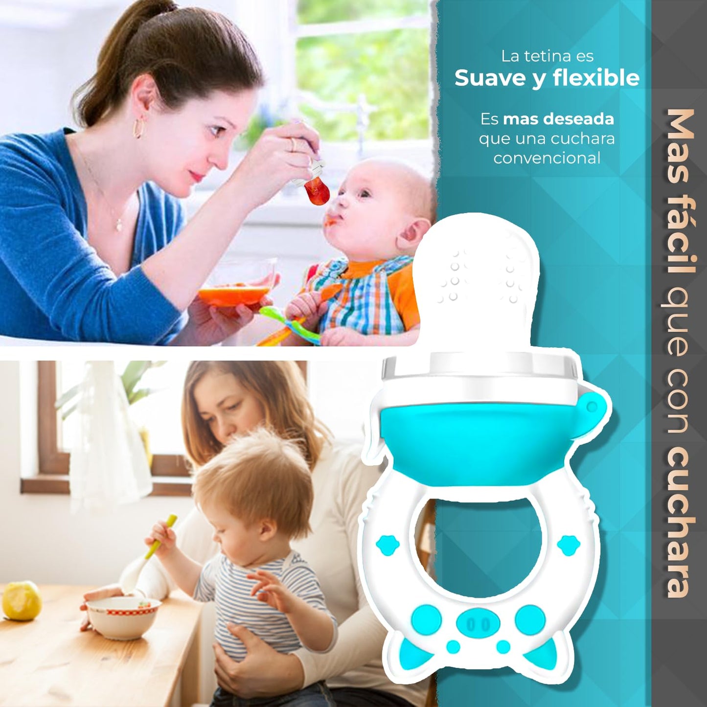 Chupón Para Fruta Y Papilla con Seguro Y Tapa Dibujos Animados, Libre de BPA (AZUL/BLANCO)