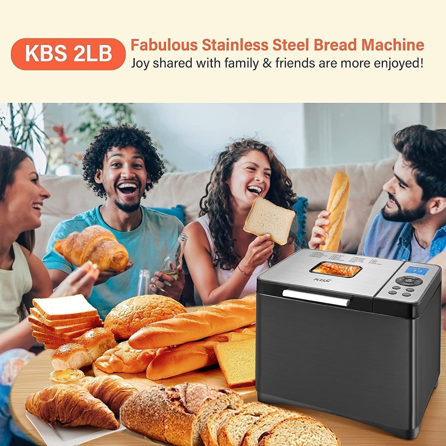 KBS Máquina de pan de 2 libras, máquina de pan automática 19 en 1 de acero inoxidable con sartén de cerámica, temporizador de 15 horas y 1 hora para mantener caliente, masa madre, sin gluten, máquina
