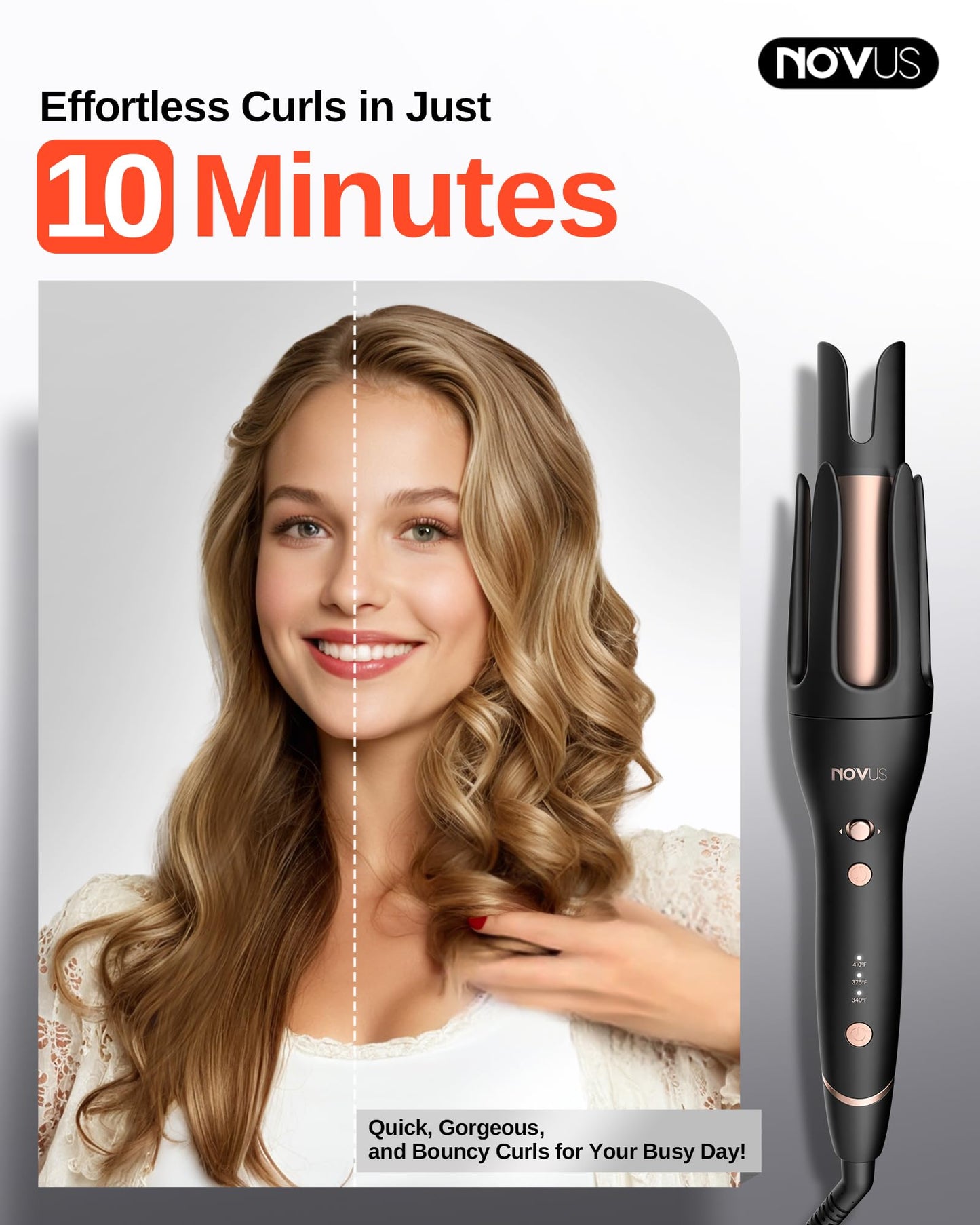 NOVUS Rizador Automático Antiquemaduras, Rizador Giratorio, Rizador De Cerámica, Dirección Ajustable Con Varita De Rizado Automático, Recordatorio De Tiempo, Apagado Automático De 30 Minutos, 3 Ajuste